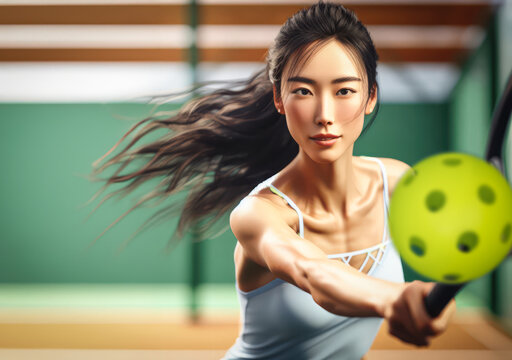 Asian American Woman Playing Paddle Tennis Or Pickleball Making Eye Contact With Camera