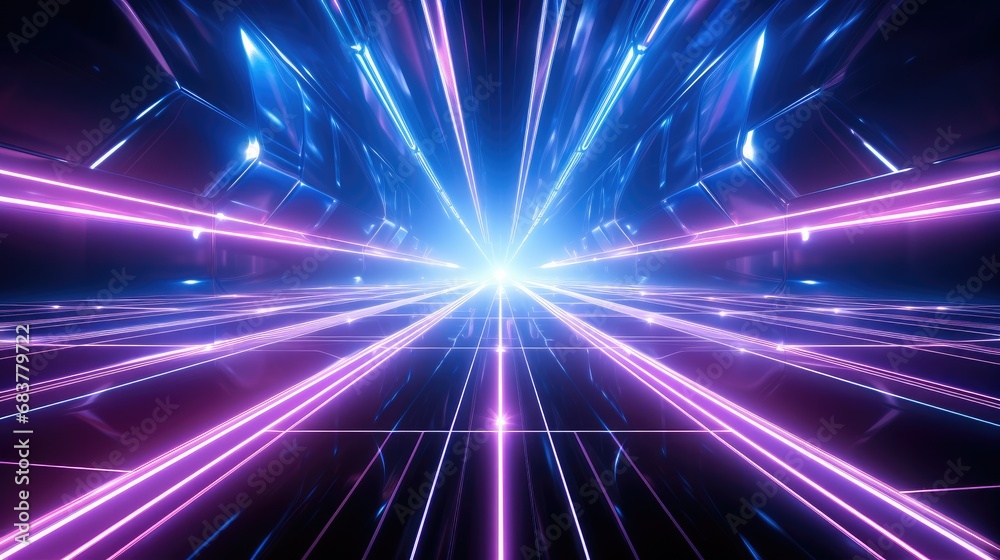 Aufkleber techno light beams with a background of lights and music in a corridor, in the style of dark azure a