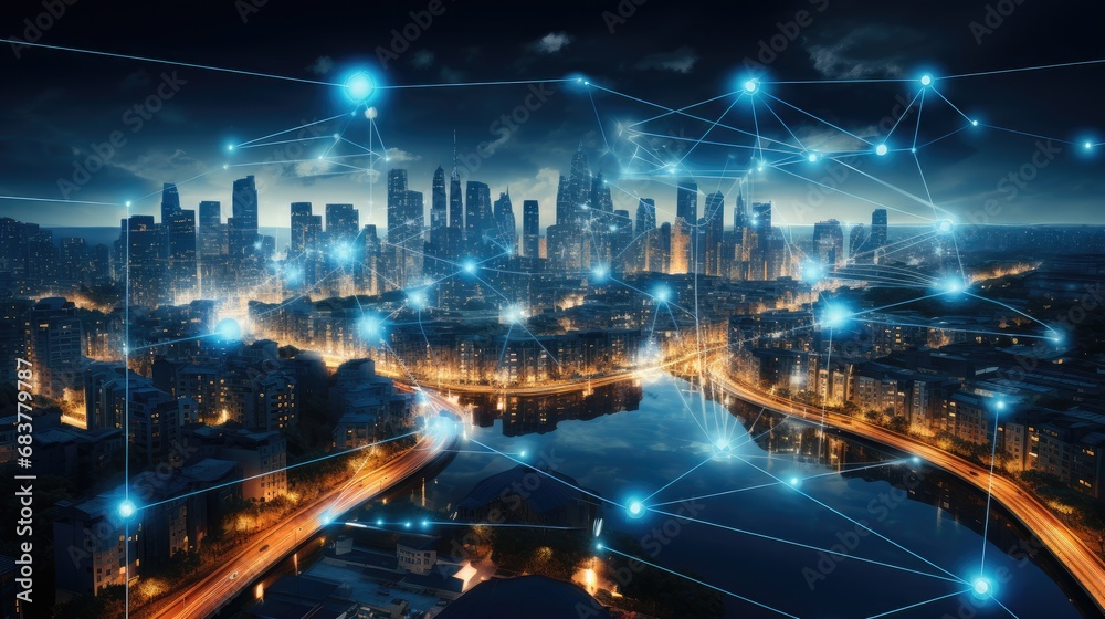 Aufkleber modern city with wireless network connection, wireless network and technology connection.