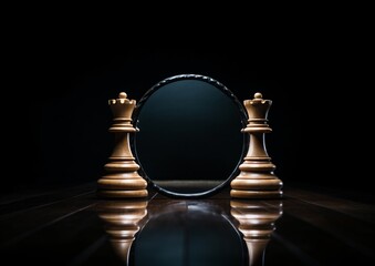 two chess pieces shown in circular mirror, black background, object portraiture specialist, kinetic artistry - obrazy, fototapety, plakaty