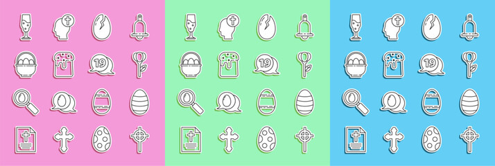 Set line Christian cross, Easter egg, Flower tulip, Broken, cake, Basket with easter eggs, Wine glass and Speech bubble happy icon. Vector