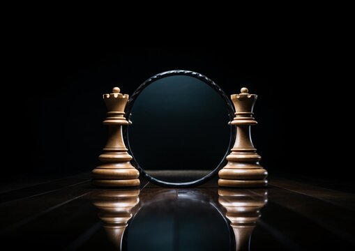 two chess pieces shown in circular mirror, black background, object portraiture specialist, kinetic artistry