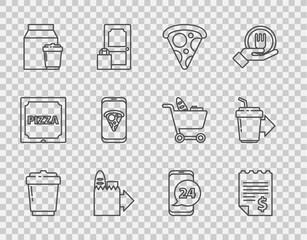 Set line Coffee cup to go, Paper or financial check, Slice pizza, Online ordering and delivery, Food, and icon. Vector