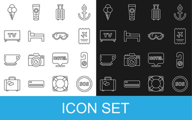 Set line Location with SOS, Please do not disturb, Airline ticket, Suitcase, Bed, Smart Tv, Ice cream waffle cone and Ski goggles icon. Vector