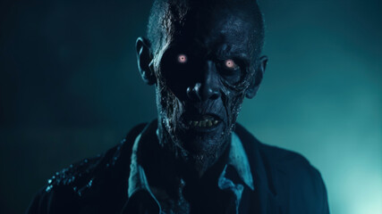 Zombie man in black suit on dark background. Halloween concept.