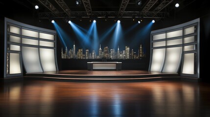 Television studio stage with a big long solid backdrop behind the stage. - obrazy, fototapety, plakaty