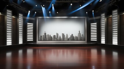 Television studio stage with a big long solid backdrop behind the stage.