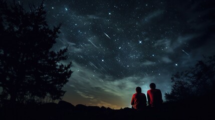 Stargazing in a starry night, silhouette of two people