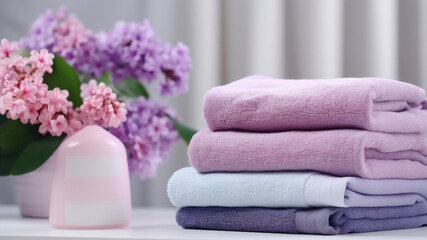 Stack of clean towels, shampoo and lilac flowers on white table indoors