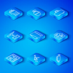 Set line Hunting shop weapon, Bullet, Tommy gun, Weapon case, Buying assault rifle, Hand smoke grenade and Trap hunting icon. Vector