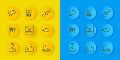 Set line Male doctor, IV bag, Clinical record, Flat foot, Blindness, Hepatitis virus, Human broken bone and Pills blister pack icon. Vector