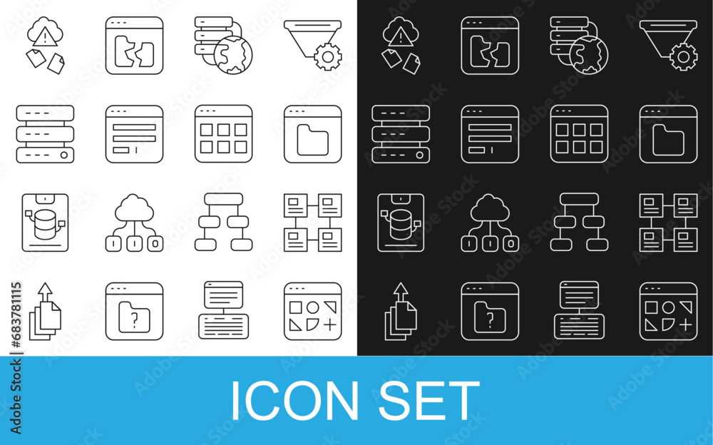 Poster set line different files, hierarchy organogram chart, browser, network cloud connection, window, ser