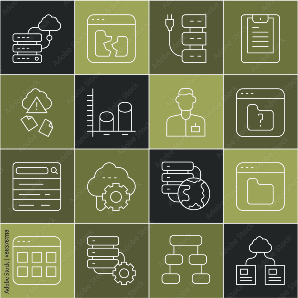 Poster set line cloud technology data transfer, browser files, file missing, server, data analysis, hacking
