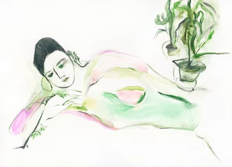 Kussenhoes abstract woman with plants. watercolor painting. illustration © Anna Ismagilova