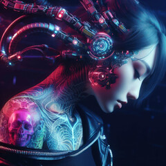 Fantastic portrait of asian girl in cyberpunk style with cybernetic implants and dragon tattoos generated by artificial intelligence