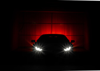 garage headlight silhouette car car auto supercar car light car in hangar dark night car 