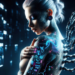 Fantastic portrait of a girl in cyberpunk style with cybernetic implants and dragon tattoos generated by artificial intelligence - 683781187