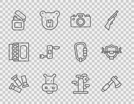 Set line Cartridges, Wooden axe, Photo camera, Hippo or Hippopotamus, Lighter, Swiss army knife, African tree and Deer antlers on shield icon. Vector