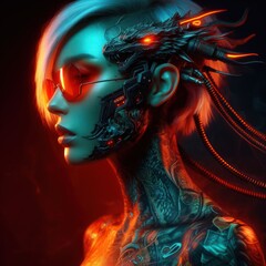 Fantastic portrait of a girl in cyberpunk style with cybernetic implants and dragon tattoos generated by artificial intelligence - 683781511