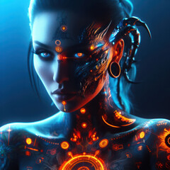 Fantastic portrait of a girl in cyberpunk style with cybernetic implants and dragon tattoos generated by artificial intelligence