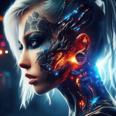 Fototapeta premium Fantastic portrait of a girl in cyberpunk style with cybernetic implants and dragon tattoos generated by artificial intelligence