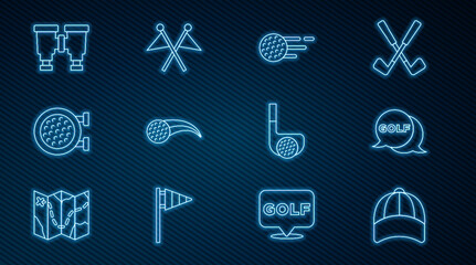 Set line Baseball cap, Golf label, sport club, Binoculars, with and flag icon. Vector - obrazy, fototapety, plakaty