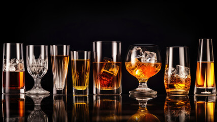 Glasses of whiskey with ice cubes on a black background with reflection