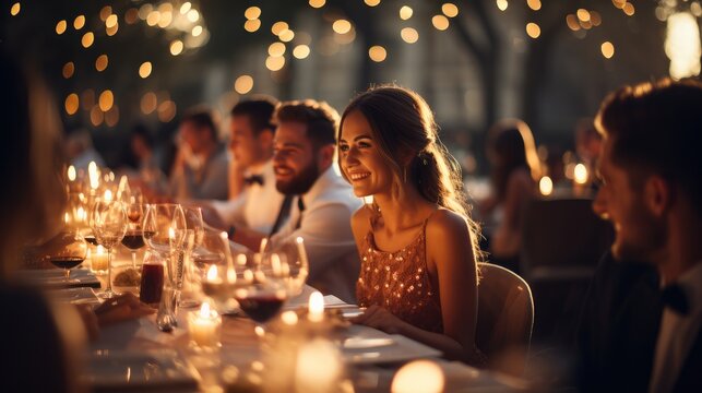 People at a table celebrating a wedding with a bokeh of lights in the background.