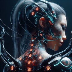 Fantastic portrait of a girl in cyberpunk style with cybernetic implants and dragon tattoos generated by artificial intelligence