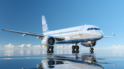 Naklejka premium a passenger airplane stands on a reflecting surface and the sky is blue. clouds on the horizon