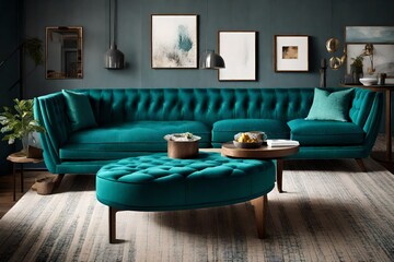 Craft a captivating Teal Color Sofa image, highlighting its modern appeal and versatility. 