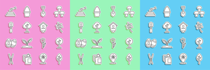 Set line Forest, Blossom tree branch, Shovel, Garden hose and Bird house icon. Vector