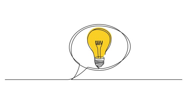 animated continuous single line drawing of speech bubble with lightbulb, idea and inspiration line art animation