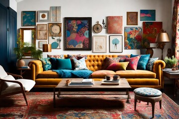 Compose an image of an eclectic sofa amidst an artfully curated mix of patterns and colors. 