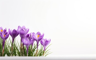 Happy start of spring poster. Short purple crocus flowers in the snow isolated on white background. Copy space. Pastel violet, lilac, green colors. Fresh sale banner design. AI Generative.