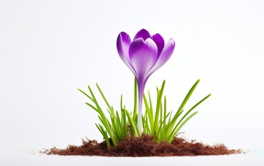 Happy start of spring poster. Beautiful purple crocus flower growing alone in the soil isolated on...