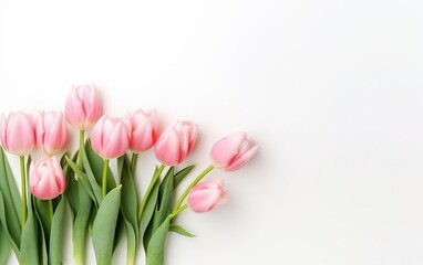 Happy start of spring. Beautiful photorealistic light pink tulips bouquet isolated, white background. Garden flowers. Copy space for your text. Pastel colors. Fresh sale banner design. AI Generative.