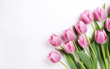 Happy start of spring. Beautiful pink tulips bouquet isolated on white background. Nice fresh garden flowers. Copy space for your text. Pastel green colors. Spring sale banner design. AI Generative.