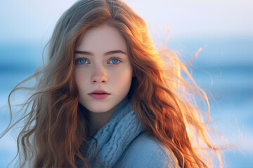 Portrait of a beautiful red-haired girl in a blue sweater on the beach at sunset.