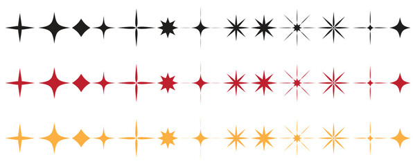 Different Star Shapes Vector Collection. Black Red Golden Stars Shapes Set. Star Icons Vector Illustration. Flat Isolated