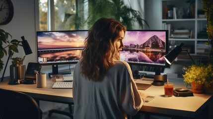 woman is Video editing with computer at white home office.