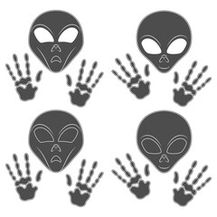 Set of black and white illustration with alien face and hands. Isolated vector object on white background.