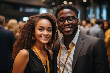 Young black professionals man and woman standing at a networking reception in business and gala event.