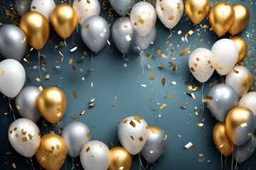 Celebration background with confetti and gold and silver balloons.  