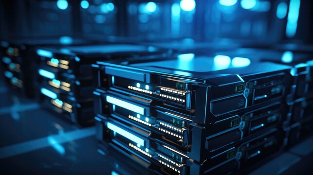 Servers stack with hard drives in a datacenter for backup and data storage. - Powered by Adobe