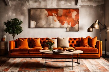 Showcase the inviting warmth of a Pumpkin Color Sofa, making it the heart of a cozy and rustic interior. 