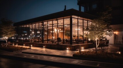 Modern restaurant exterior at night.