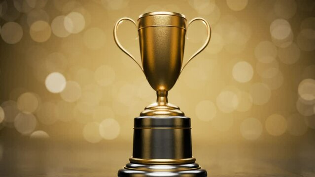 The camera zooms in on the winner's golden cup. Lights fall in the background. Winner certificate. First place in a computer game. Top Performance Award. Winners Cup. Achievements. Victory.
