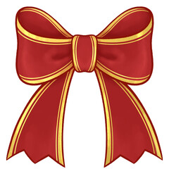red ribbon bow with trim gold illustration. Christmas element.