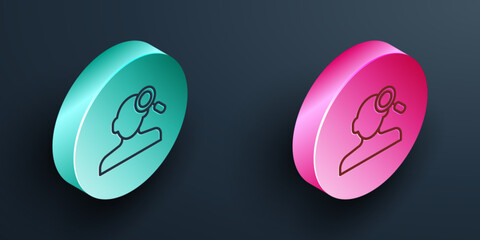 Isometric line Finding a problem in psychology icon isolated on black background. Turquoise and pink circle button. Vector